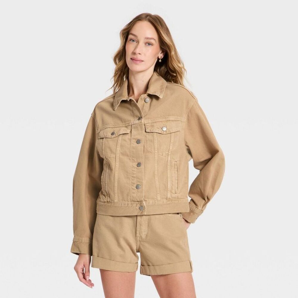 Women's Relaxed Denim Trucker Jacket - Universal Thread Khaki S